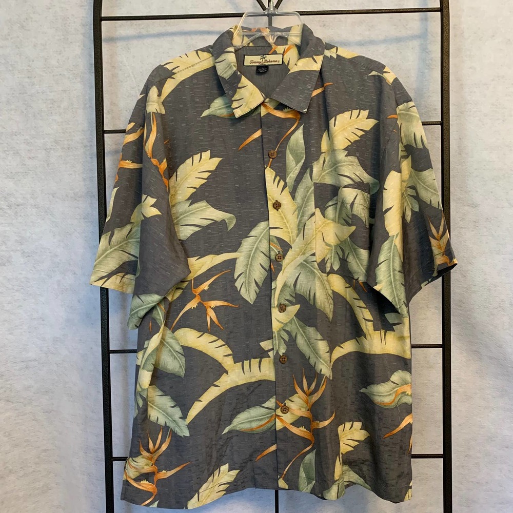 TOMMY BAHAMA Large‎ Palm Leaf Print Silk Shirt Men's Large